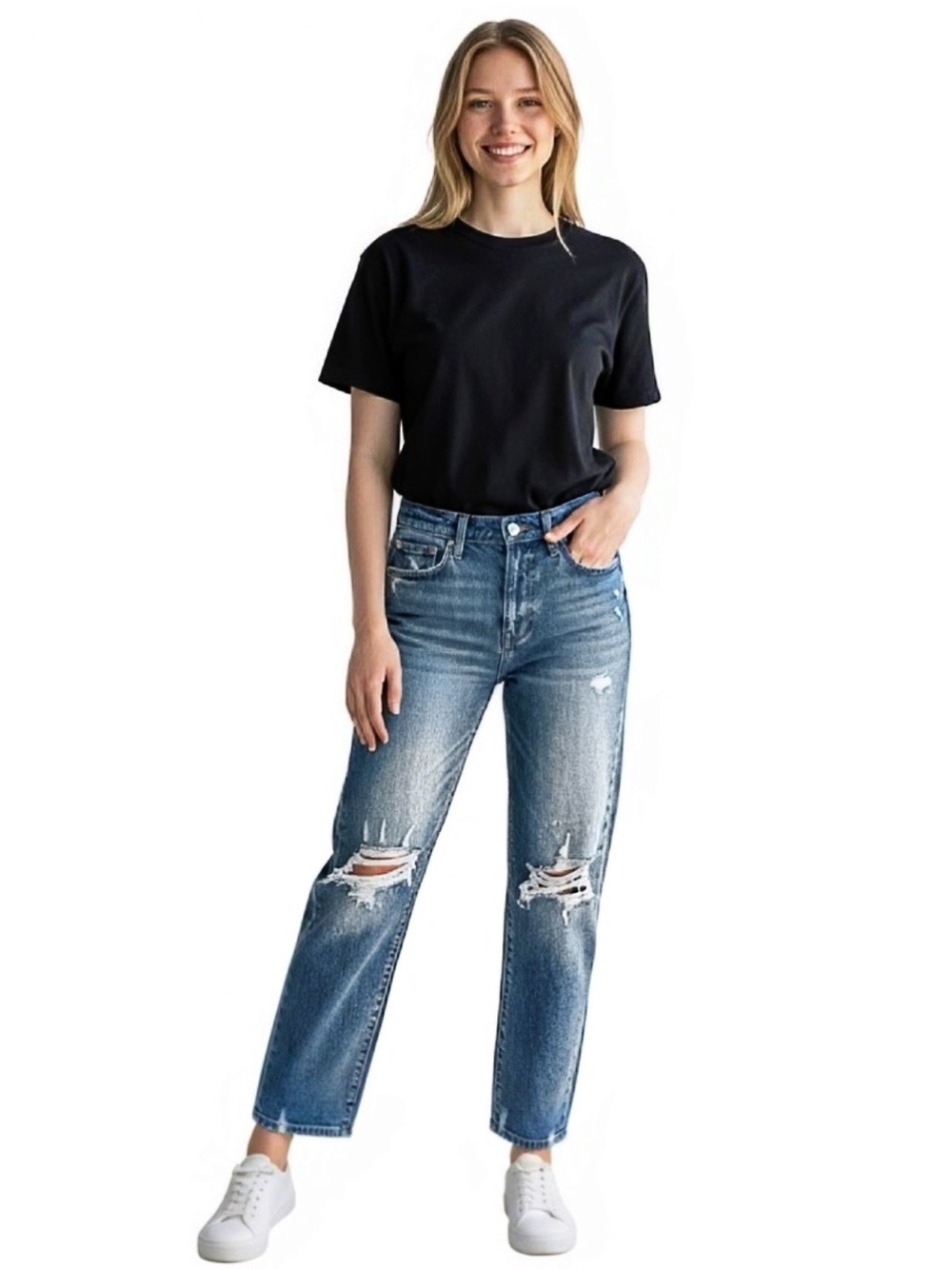 Daze Denim High Rise Medium Wash Distressed Straight Leg Jeans Size 27‎